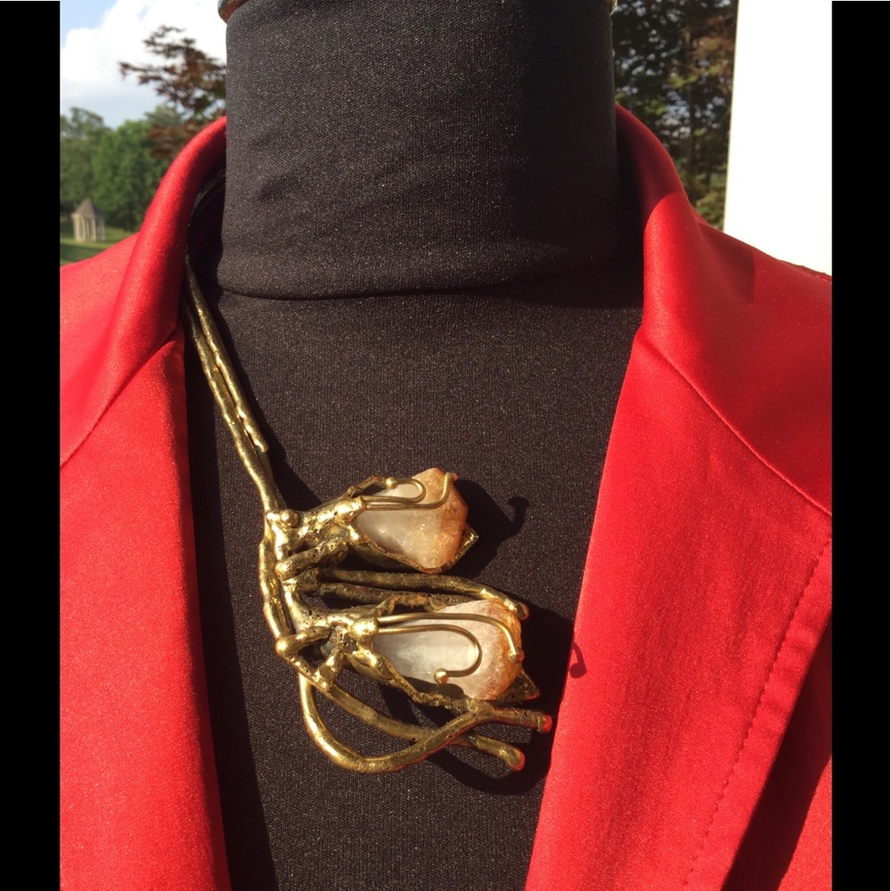 Bold Brass with Quartz Crystals Artisan Necklace